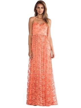 ALICE + OLIVIA Tyler Coral Lace Bustier Wedding Guest Formal Maxi Gown